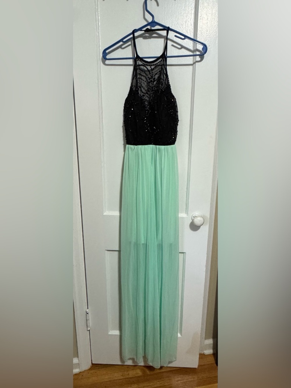 Black Sequin Bodice Mint Chiffon Maxi Dress